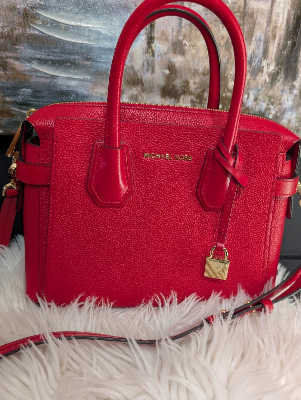 Michael Kors Red Pebbled Leather Satchel with Gold Hardware